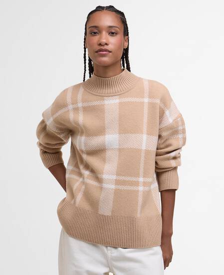 Harriet Tartan High-Neck Jumper Pale Camel