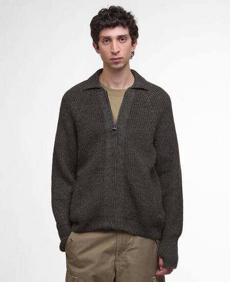 Garthman Knitted Zip-Up Jumper Olive Ink